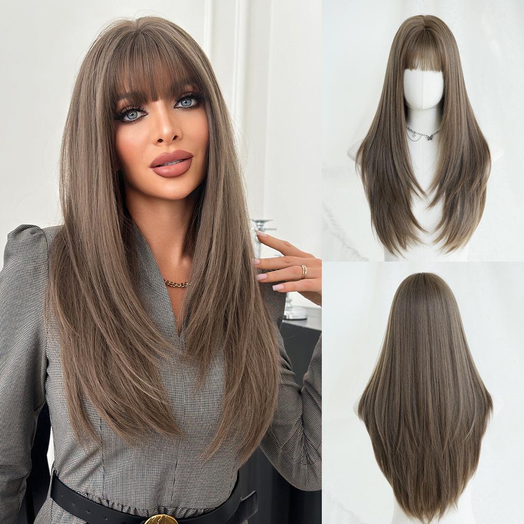 Herbata Brązowa Wewnętrzna Prosta Peruka dla Kobiet - Warstwowa Pełna Grzywka Pełna Czapka, Codzienne Szybkie Piękno, Peruka Wysokiej Jakości