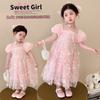 Girl Flower Fairy Sparkling Flower Dress New Summer Bubble Sleeve Princess Dress Elegant Birthday Dress