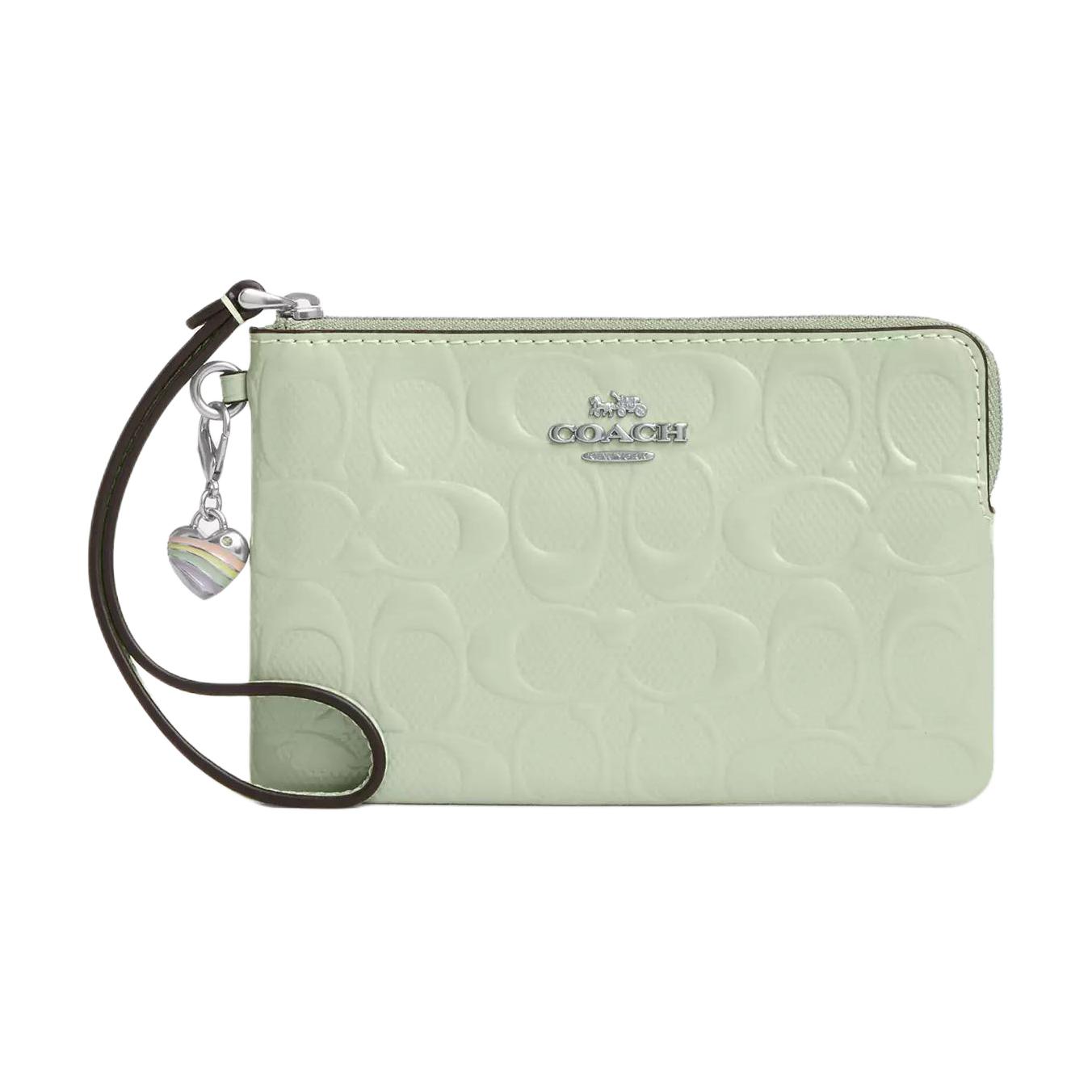 Coach Corner Zip 16 Brand Logo With Heart Pendant Design Patent Leather Card Case Women Card Case Green CDF04-SVA5 Green