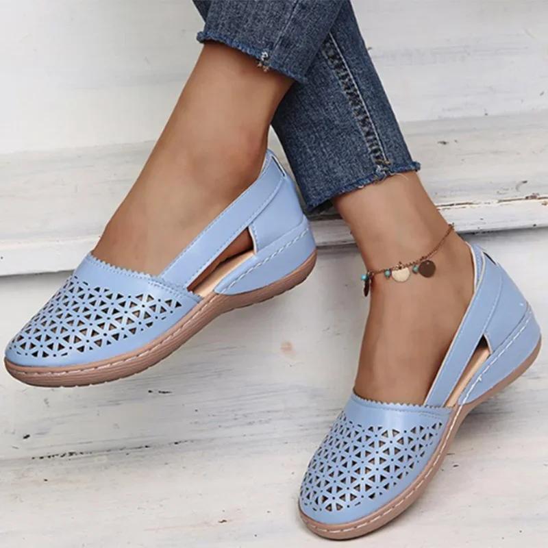 Rimocy Pink Leather Hollow Out Loafers Women 2025 Autumn Slip On Wedges Sneakers Women Plus Size 35-44 Casual Flats Shoes Woman