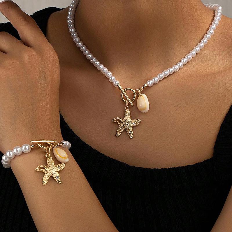 

Obega 2 PCS Jewelry Set Imitation Pearl Girly Gold Color Starfish Pendant Necklace Bracelect With Shiny Crystal Stone Jewelry