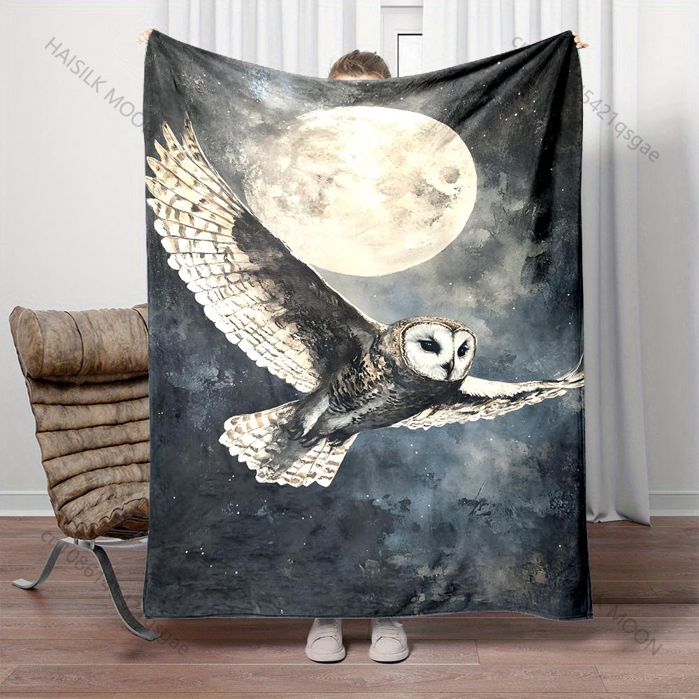 Multiple sizes Owl flying under moon print blanket adult children warm for home travel soft and comfortable blanket