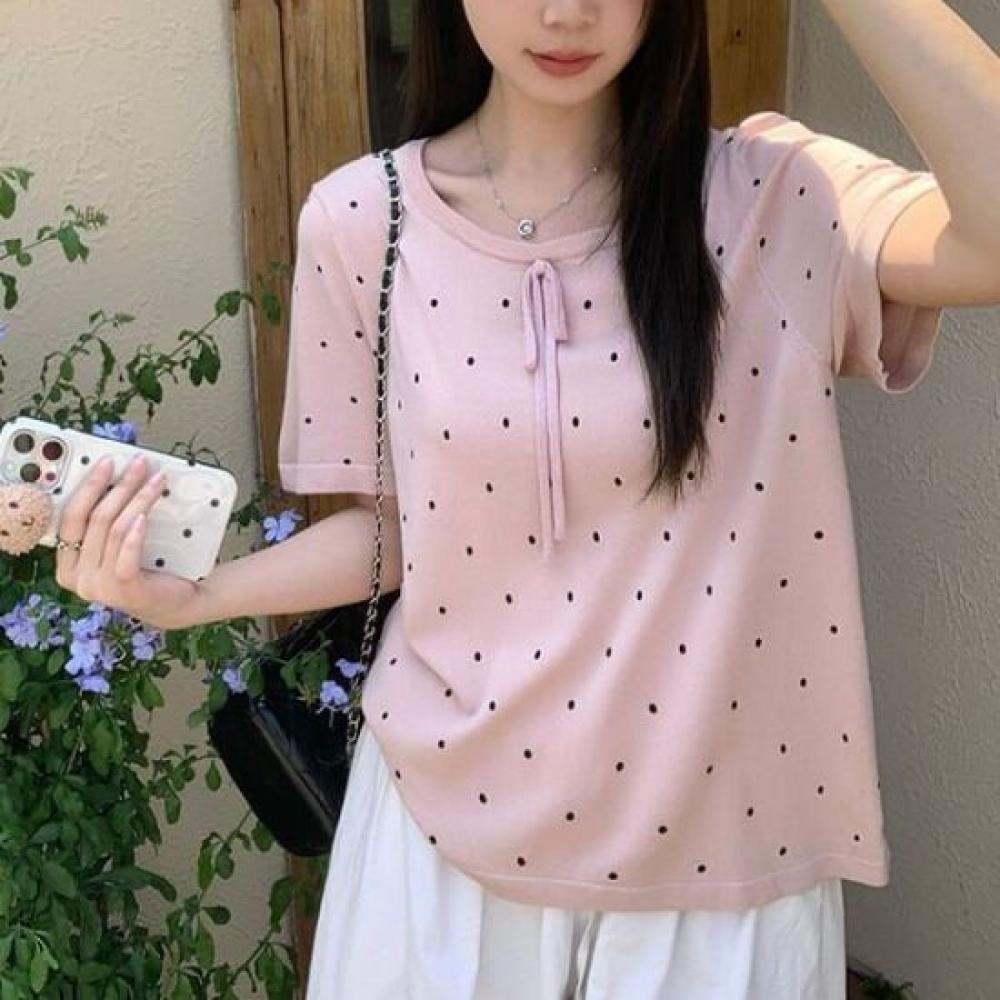 Navava Women Lovely DoT Ribbon ShorT Sleeve T shirT nT2373