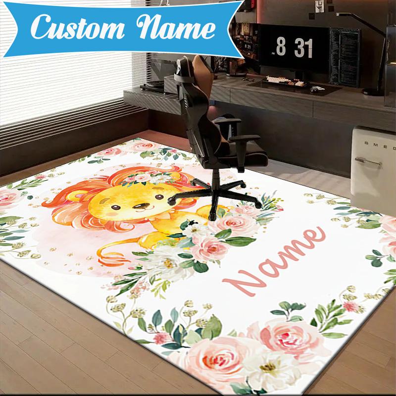Custom Name Floral Puppies Art Rug for Living Room, Game Rooms, Office, Bedroom, Floor Mat Playful Design, fan gifts Christmas decor