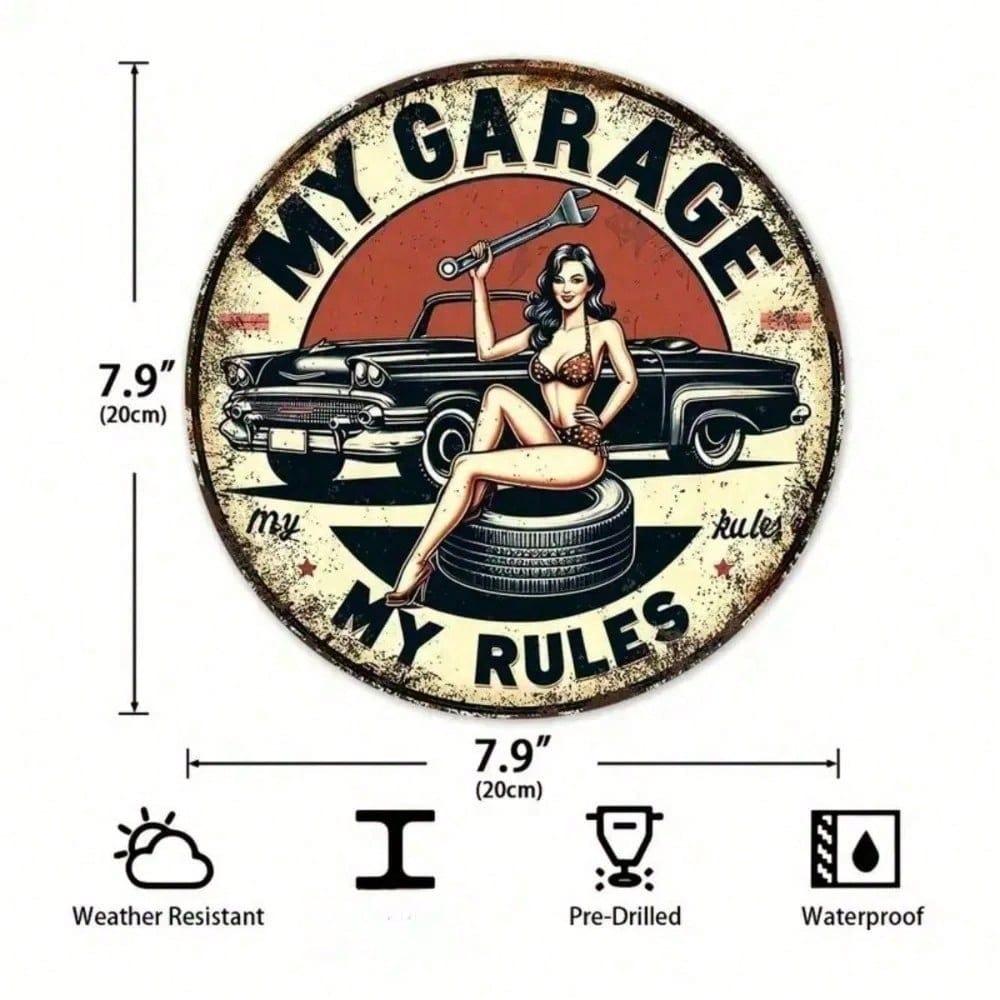 Vintage Retro Garage Metal Sign 2D Wall Decor Man Cave Art 8x8 Inch Circle Tin Plate Home Bar Workshop