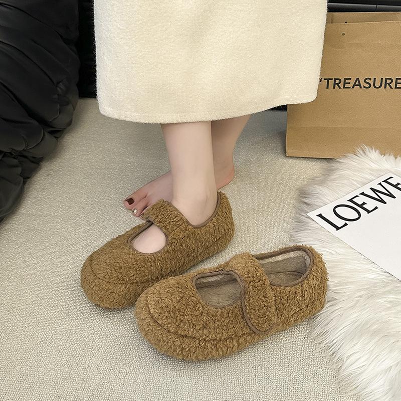 Leopard Print Mary Jane Fluffy Shoes Women's Winter 2025 New Ugly Cute Bread Cotton Shoes Velcro Flat Plush Single Shoes