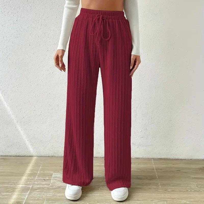 Women's Knitted Wide-leg Pants Fashion Solid Color Texture Stripes Elastic Waist Comfortable Casual Loose Straight Pants