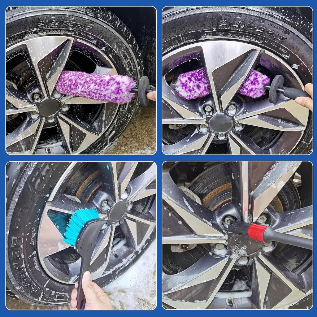 4 Pack Wheel Tire Cleaning Brush Kit Cars Motorcycles RVs Trucks Rim Hub Ultra Soft Microfiber No Spatter 360 Bendable Synthetic Woolies Wash