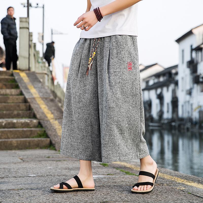 Style Kimono Capri Pants Men Lace Up Elastic Waist Vintage Casual Pants Loose Oversize Wide Leg Pants Harajuku Streetwear