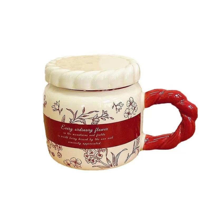 Retro Ceramic Cup with Lid Mug Souvenir Gift Cup National Trend Ins Flower Water Cup Girls Household Cup