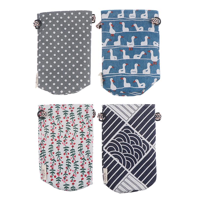 Modern Style Portable Bottle Cover Bags Floral Printing Cotton Linen Cup Bags