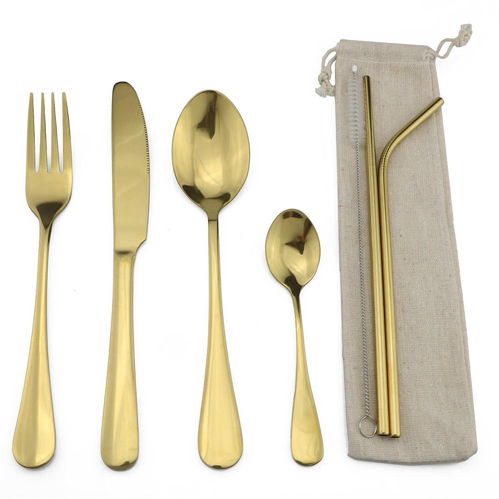 JANKNG Light Portable Bag Dinnerware Rainbow Blue Cutlery Set Stainless Steel Gold Tableware Set Fork Knife Set Travel School