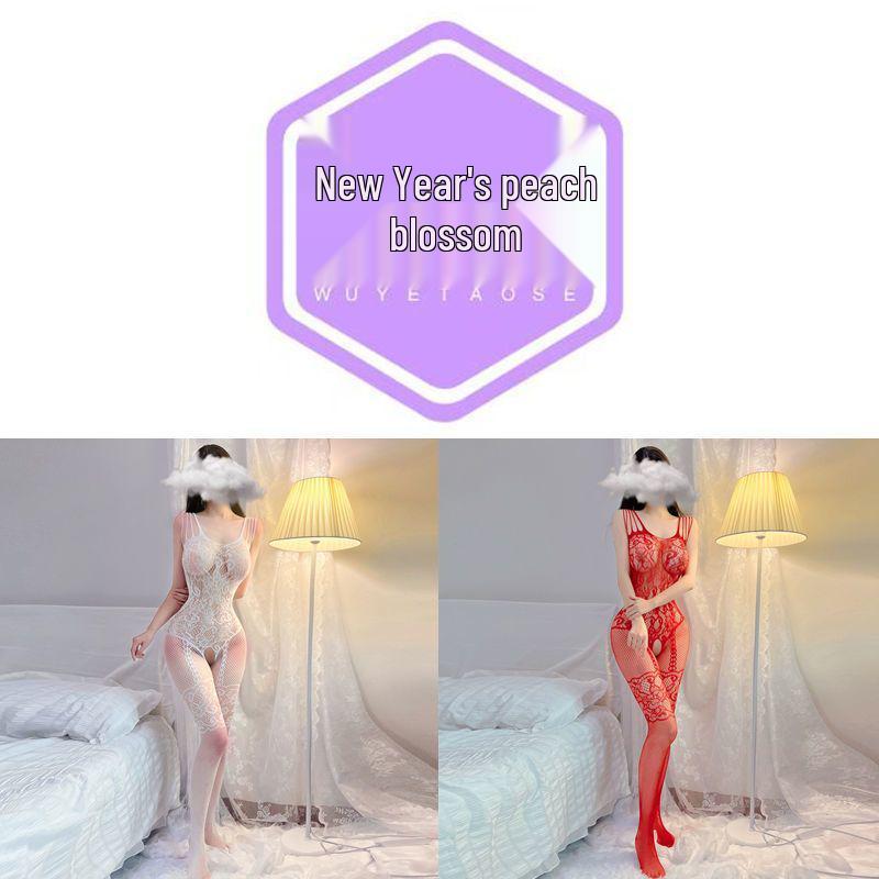 Červený Zvěrokruh Sexy Bez Ramínek Síťovaný Body s Otevřeným Rozkrokem & Odnímatelnými Síťovanými Punčochami