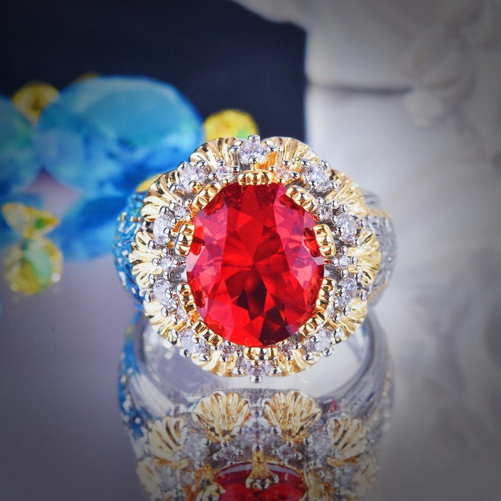 Vintage Textured Ruby Crown Ring Antique Two Tone Gold Jewelry Handmade for Women