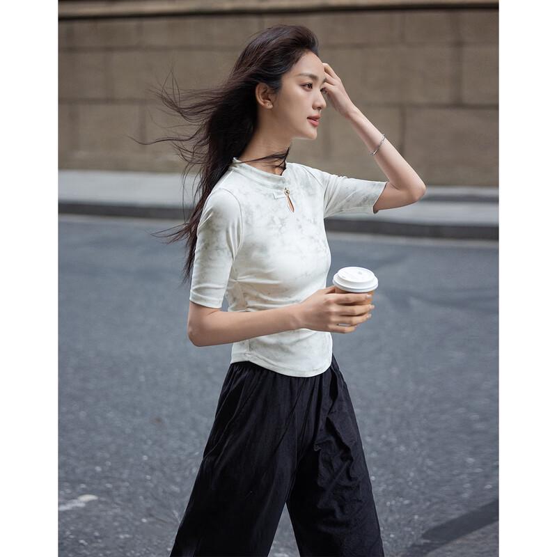 Women s New Chinese Style Stand Collar T-shirt with Tie-dye & Disc Buttons S