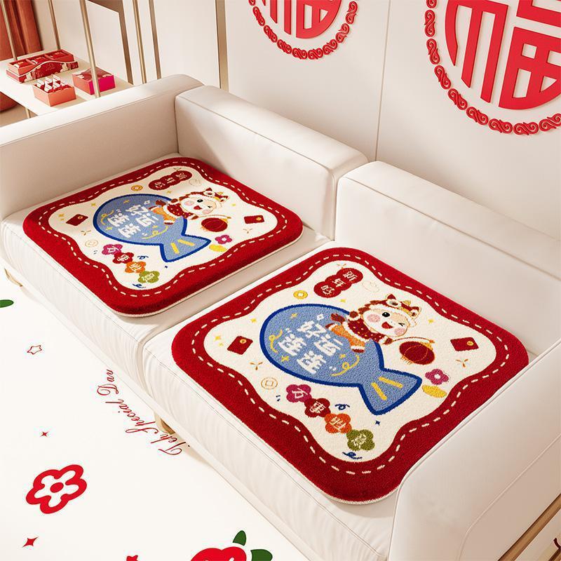 Red Festive Faux Cashmere Cushion - New Year Horse Design for Sofa, Office, Student Chairs, and Household Use