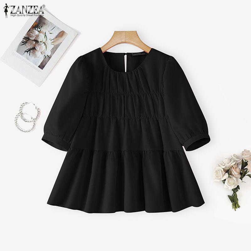 ZANZEA Lässige Bluse mit Rundhalsausschnitt, einfarbig, locker und kurzärmelig für Damen