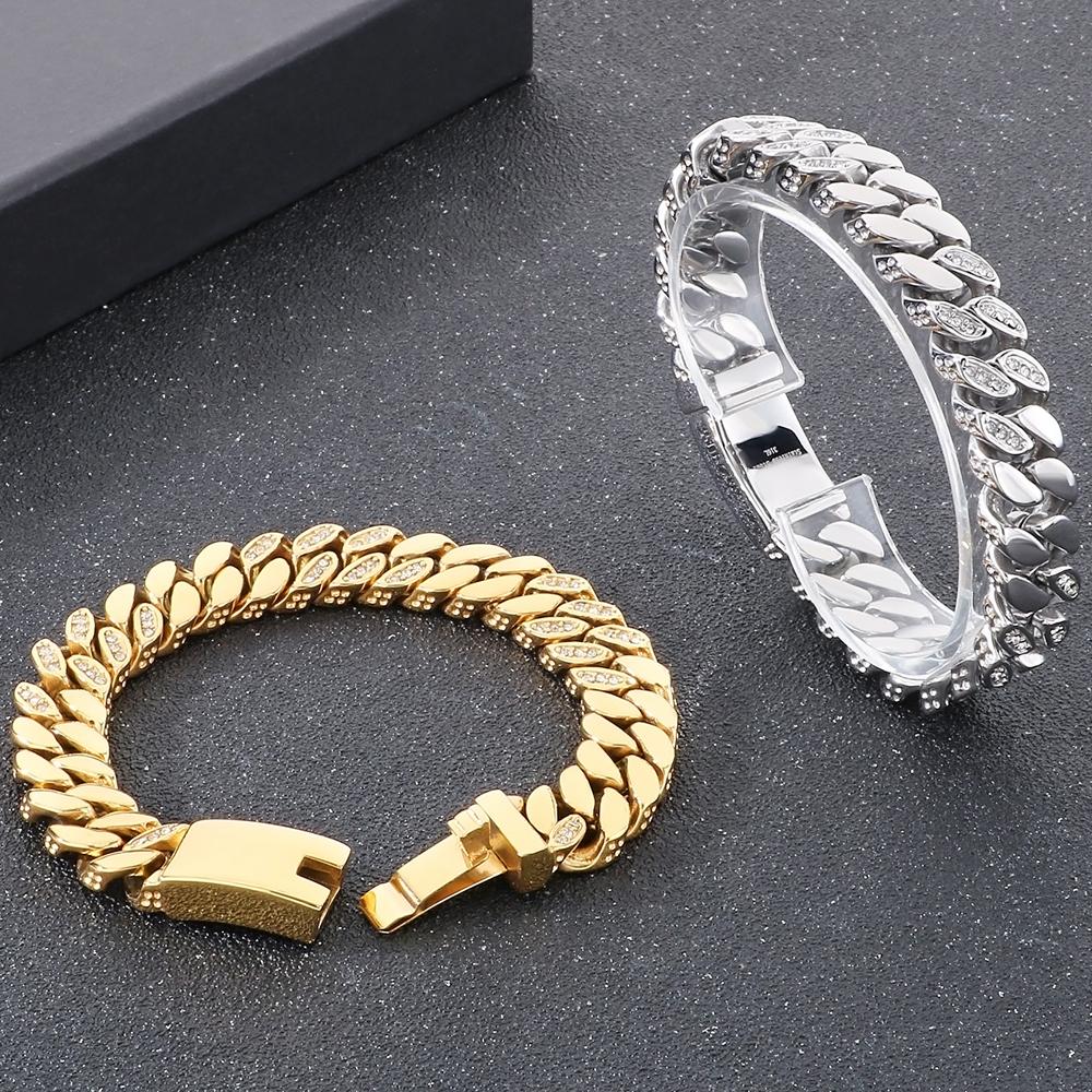 316L Stainless Steel 12MM Width Cuban Chain Bracelet for Men Hiphop Men's Bracelets With CZ Birthday Jewelry Gifts for Boyfriend