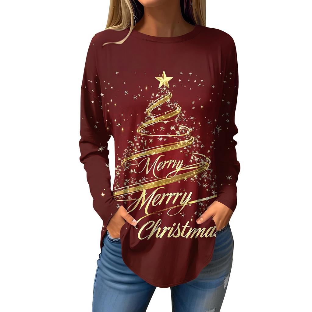 Women's Loose Round Neck Christmas Print Long Sleeve T-Shirt Top Pullover