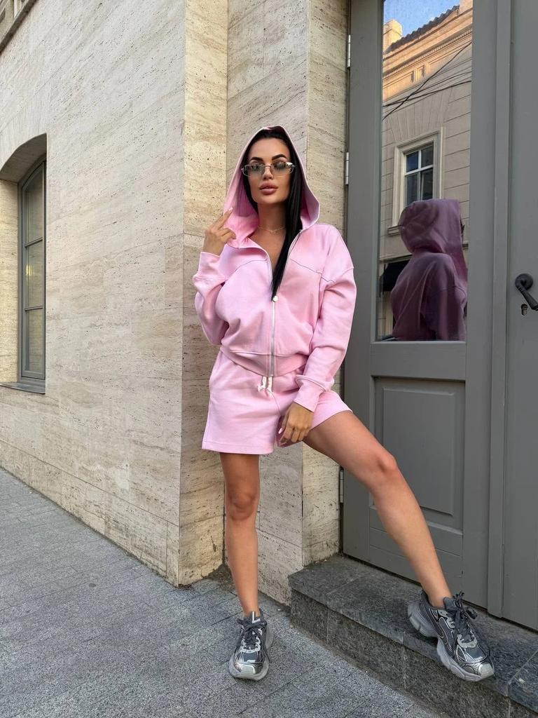 European and American casual women's suit long-sleeved zipper hooded cardigan pocket sweater strappy shorts two-piece set women