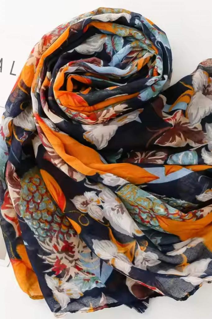 Tropical Scarf with Pineapples and Flowers on a Navy Blue Background 180X90 - Cotton with Viscose