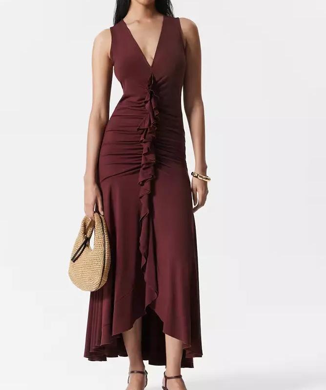 Wine red pleated ruffled V-neck long dress, European and American cross-border sexy waist-cinching dress S бордовый