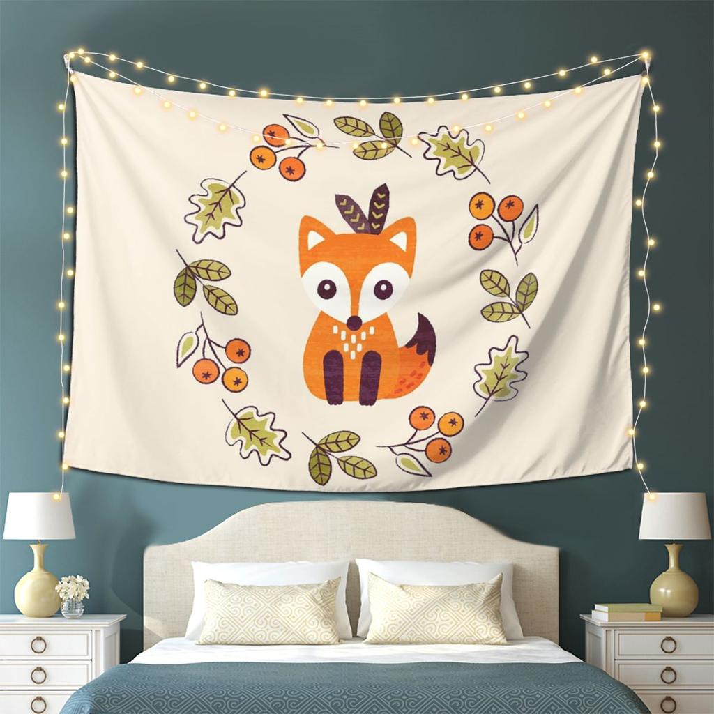 Little Fox With Autumn Berries Tapestry Wall Hanging Aesthetic Home Decoration Tapestries for Dorm Room