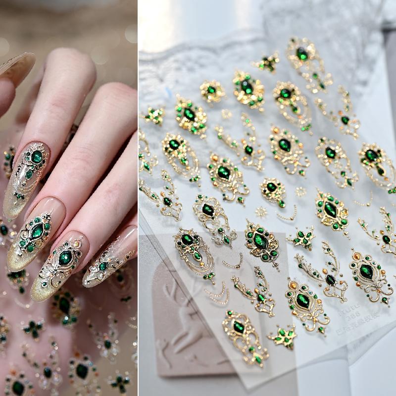 3D Retro Nail Art Stickers Shiny Rhinestone Gold Accent Scratch Resistant for Salon DIY Manicure Party Use