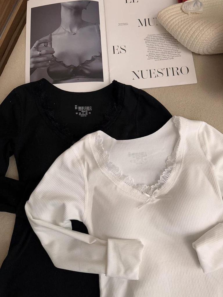 Women's Velvet Lace Base Layer Shirt - White V-neck Long Sleeve Top with Built-in Bra Pads for Autumn/Winter