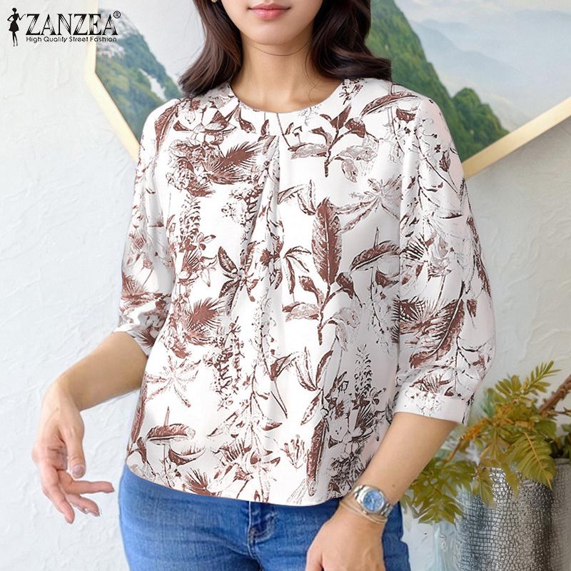 ZANZEA Women Casual Round Neck 3/4 Sleeve Loose Print Blouse