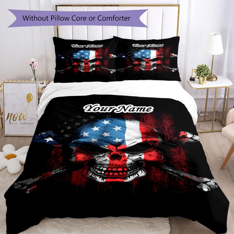 3PC Custom Name American Skull Flag Bedding Set Duvet Cover Closure Includes 1 Duvet Cover & 2 Pillowcases for Bedroom