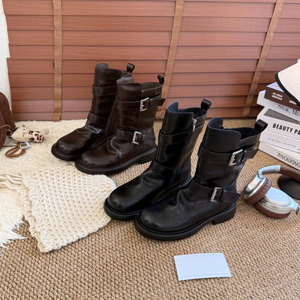 Dicksohlige Maillard Retro Mittelstiefel Damen Gürtelschnalle Kurzstiefel 2025 neue Herbst beliebte Martin Stiefel dünne Stiefel