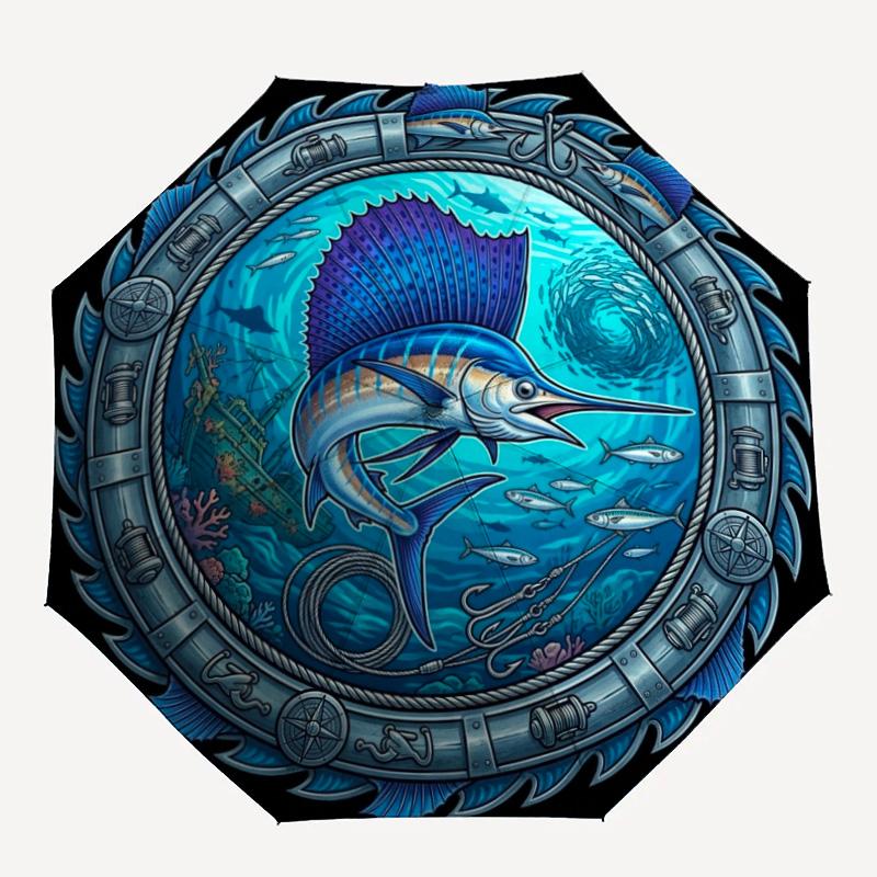 Marine Life Through Porthole pattern umbrella, portable and foldable design, 8 ribs, a casual accessory for Halloween, Christmas, and birthday gifts.