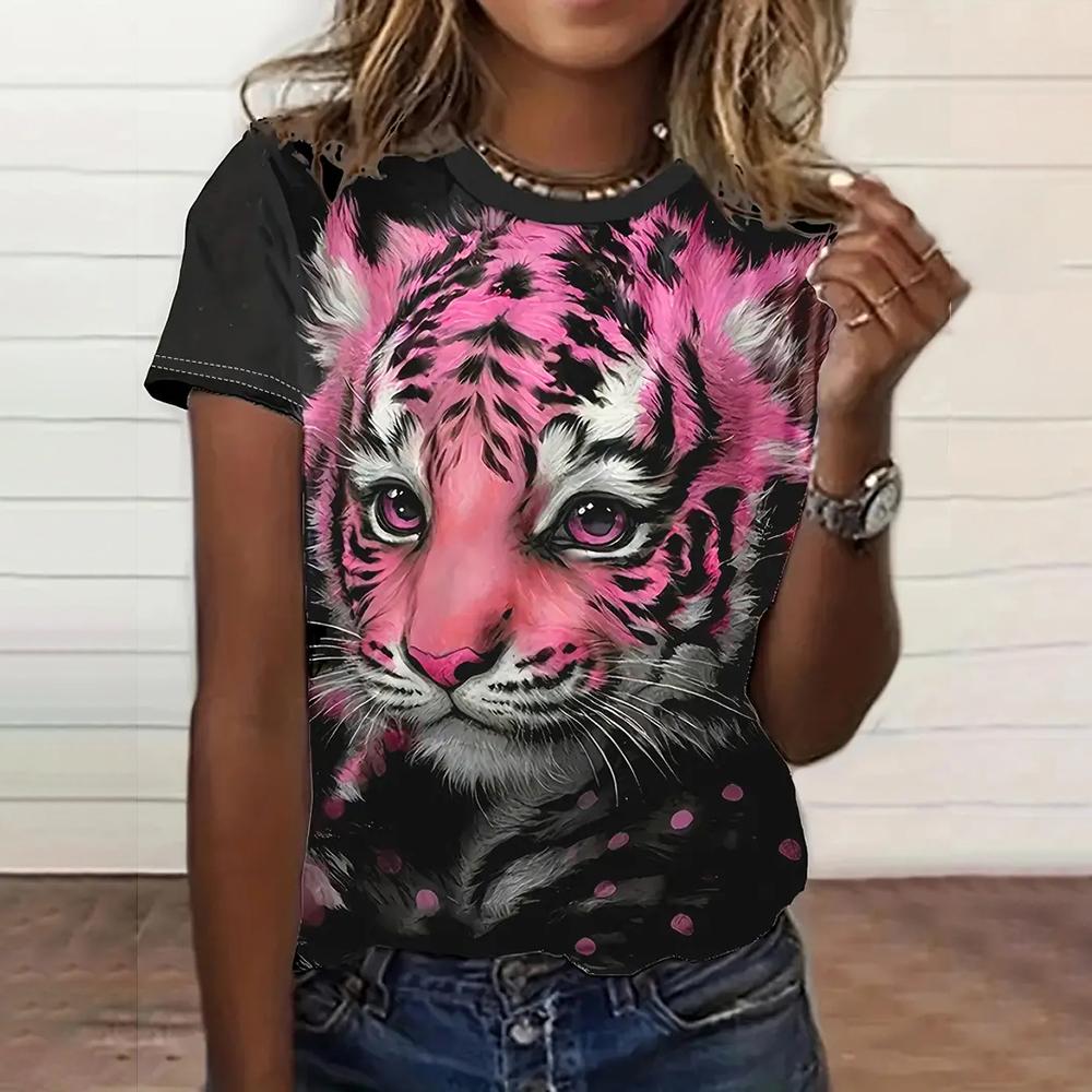 Women's Fashionable Short Sleeve T-Shirts 3d Leopard Print Top Tees Spring & Summer Breathable Women's Casual Pullovers & Blouse