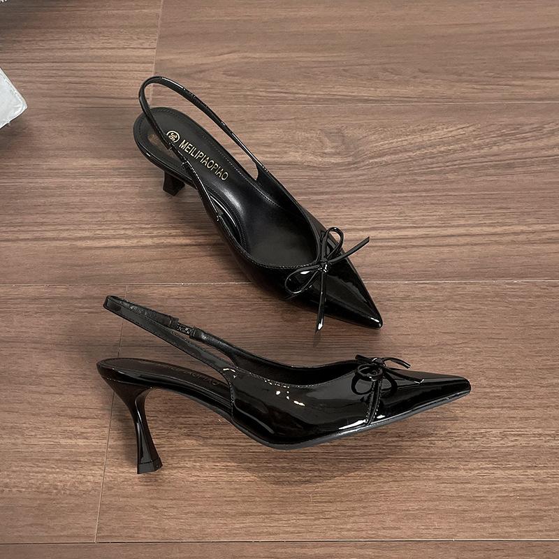 

Nude pointed solid color sandals 2025 spring and summer new one-pedal single shoes women s back empty bow high heels 40