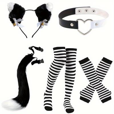 Rollenspiel-Kostümset mit schwarz-weißen Streifen, pelzigem Schwanz, Handschuhen und Socken, Requisiten für Halloween