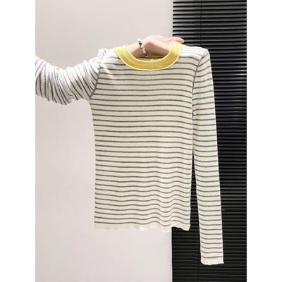 Contrasterende gestreepte ronde hals gebreide trui dames herfst en winter binnenlaag lange mouwen basis shirt zachte wasachtige trui basis top met voorkant en schouders