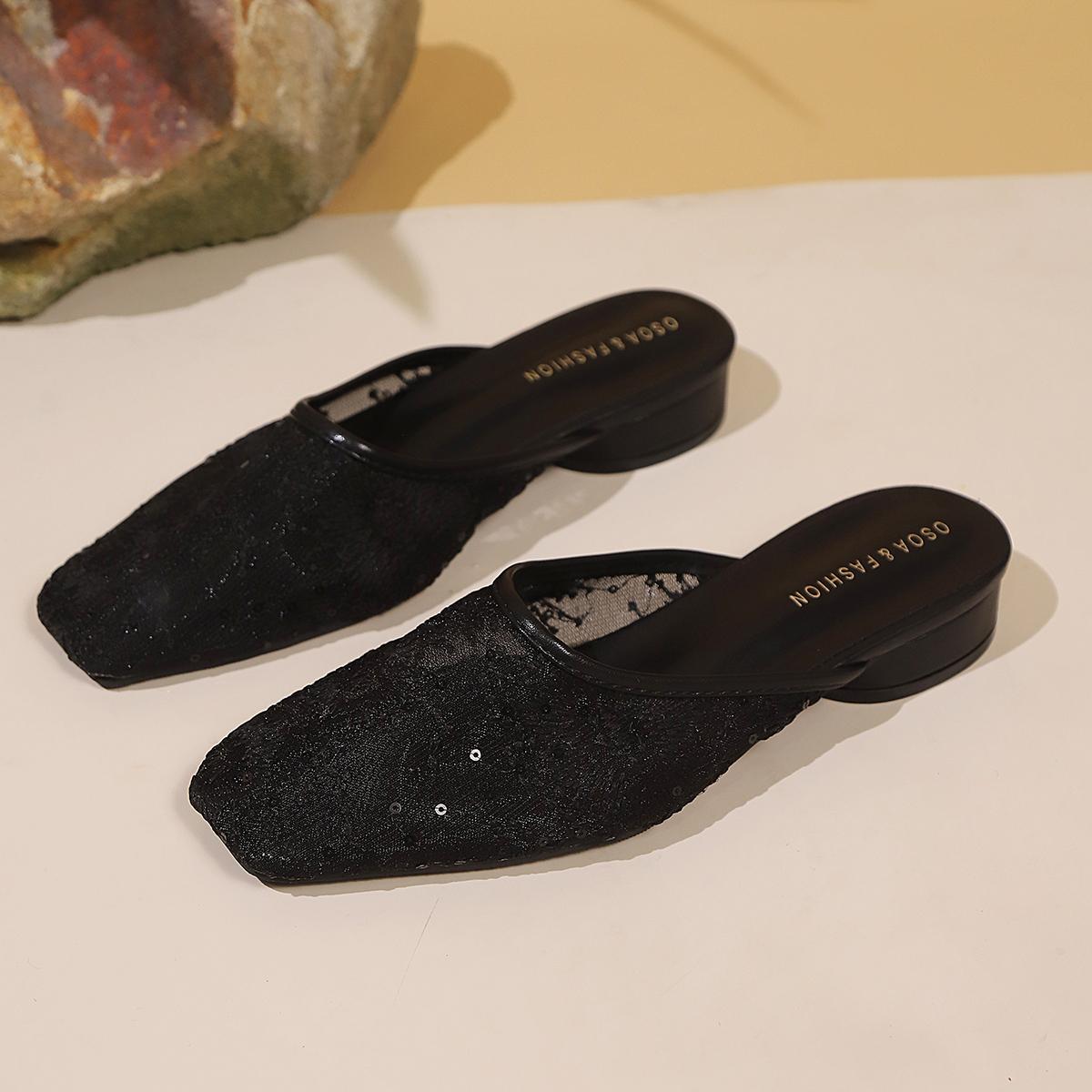 

Fashion Summer Women Slippers Sexy Lace Mules Indoor Home Slides Square Toe Female Flats Shoes Outdoor Clogs Beach Sandals Flip Flops 42 чёрный