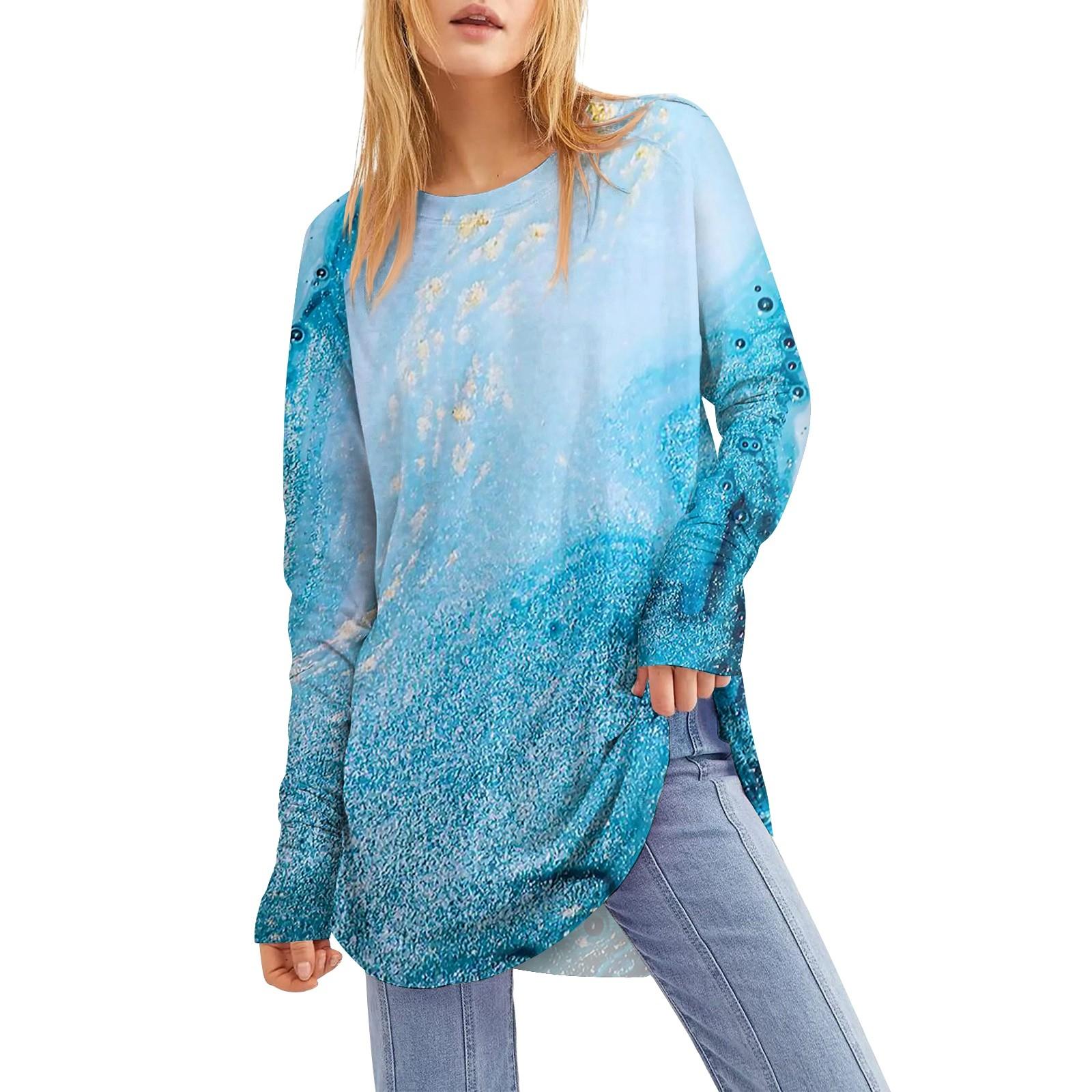 

Женская свободная футболка с круглым вырезом и длинным рукавом средней длины с принтом, топ с дырявым большим пальцем XL