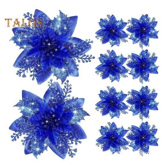 

12 шт. блестящих рождественских украшений в виде пуансеттии с зажимами, искусственные цветы для украшения рождественской елки, свадебного венка королевский синий