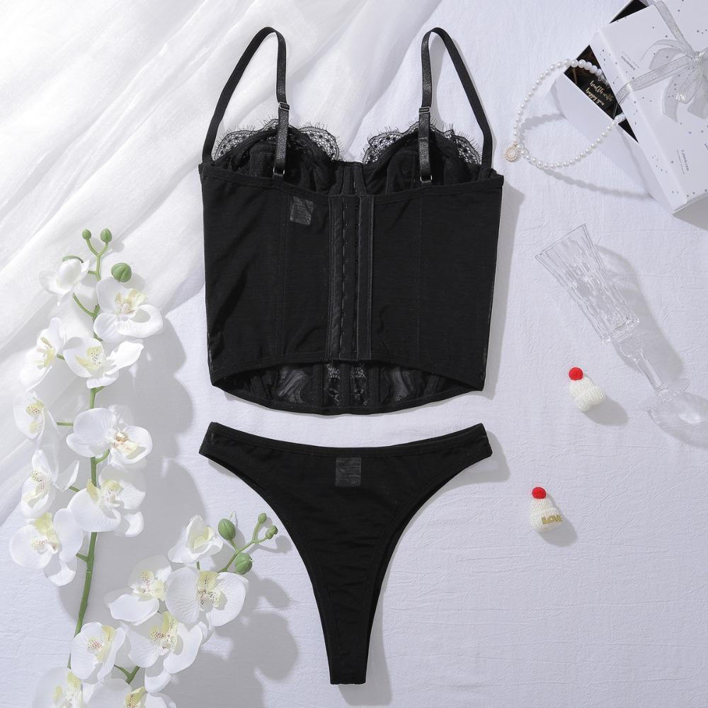 Conjunto de Sujetador de Encaje Francés Sexy Malla Ultradelgado Lencería para Mujer Conjunto de Tops de Verano con Tirantes Ropa Interior Moldeadora Negra Sujetadores con Conjuntos de Tanga
