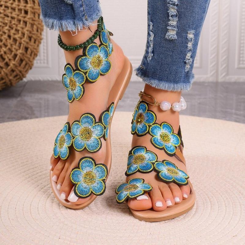 Sandals Women's Flat-bottomed Flower Women's Shoes Summer New Toe Color Beach Shoes