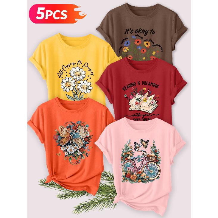 Five-piece set Elegant short-sleeved shirt for women Daisy Butterfly Print Round Neck Women's Casual Sportswear T Shirt Suitable for spring and