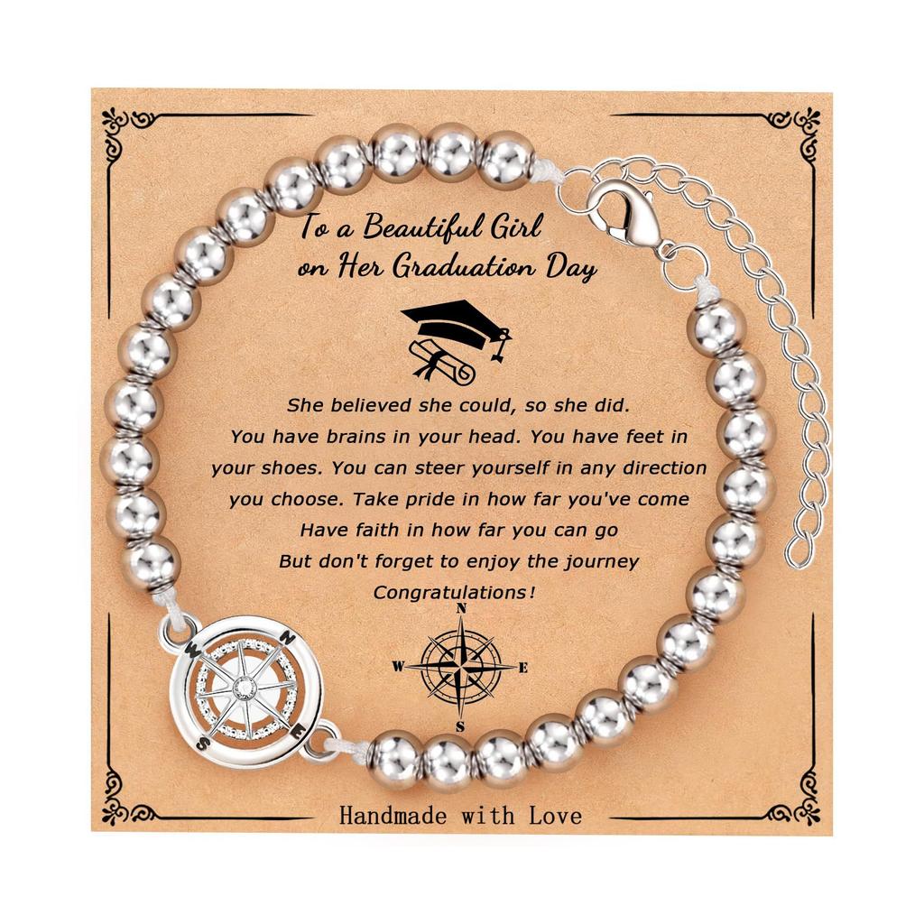 2026 Graduation Gifts for Her Him Sister - Stainless Steel Compass Beaded Bracelets for High School/College/Middle School Grads