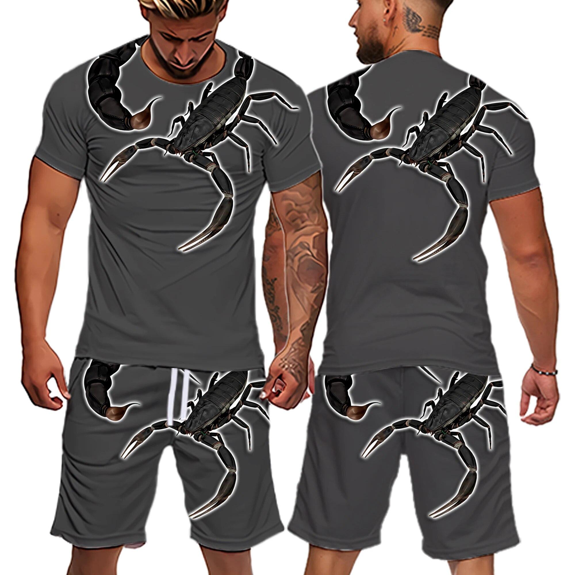 

Мужские комплекты «Скорпион», новая летняя футболка с короткими рукавами, костюм большого размера, модный уличный костюм из двух предметов с короткими рукавами, 3D печать 5XL