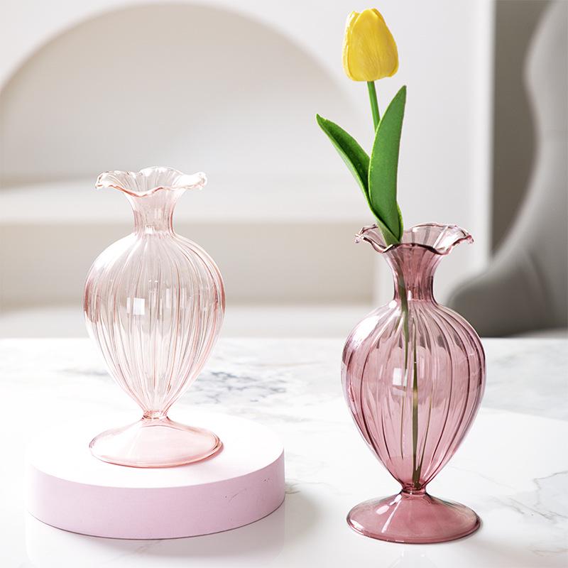 Retro French Embossed Glass Vase for Hydroponic Floral Decor - Clear Craftsmanship for Living Room and Dining Table