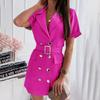 Summer Women Casual Short Sleeve High Waist A-Line Dress Solid Color Double Breasted Suit Collar Above Knee Belt Spring Dresses