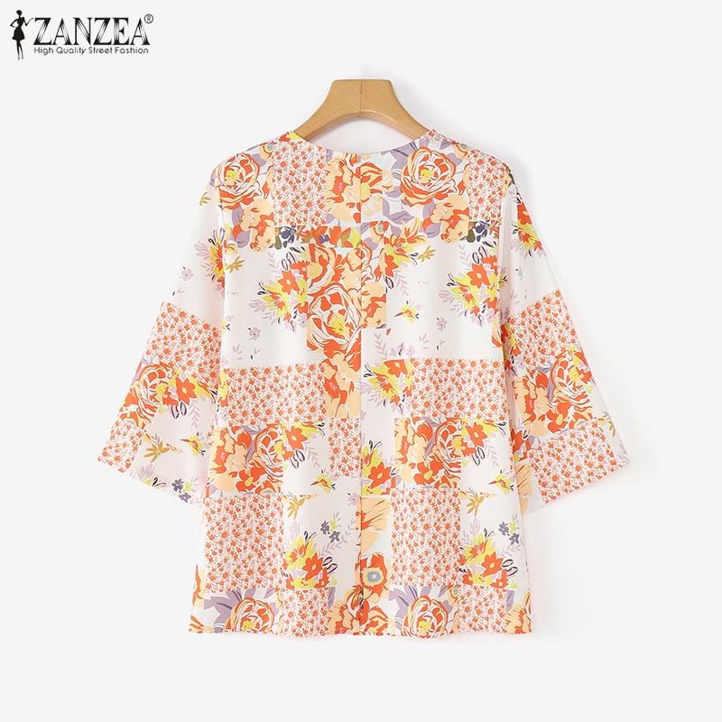 ZANZEA Women Casual Round Neck Loose Short Sleeve Floral Blouse