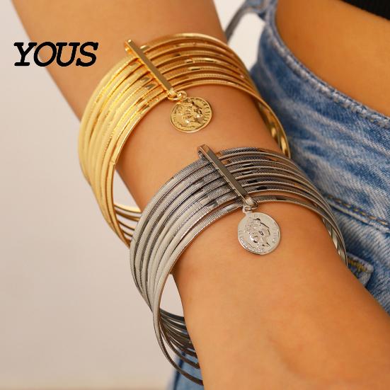 Vintage Inspired Bracelet Women with Portrait Coin Pendant, Multi-Layer Surround Check Pattern Stacking Effect Bangle, Electroplated Elastic Fit Wrist