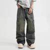 Mens Relaxed Fit Straight Leg Denim Cargo Pants Water Washed Vintage Streetwear Style